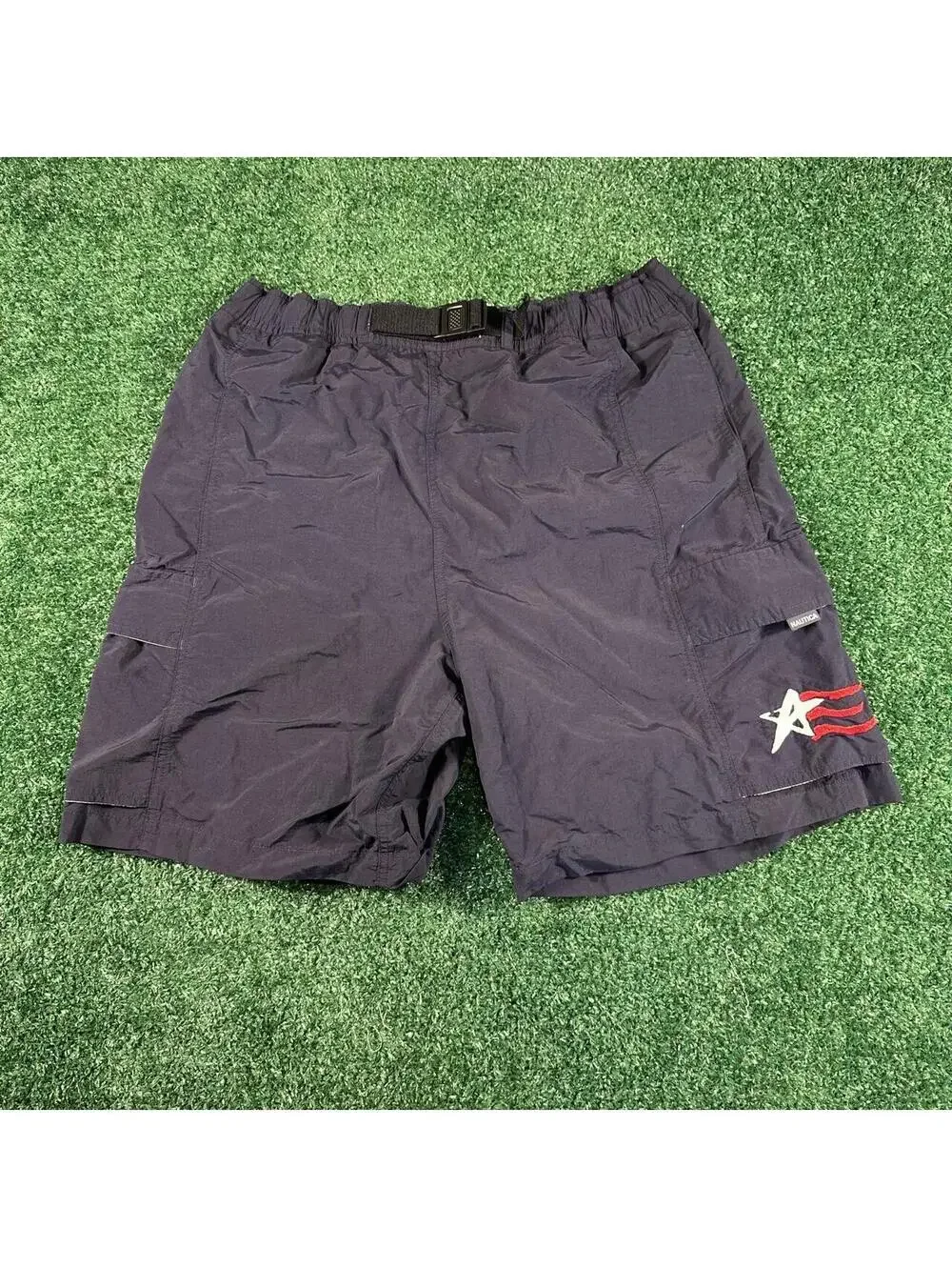 Y2K Nautica navy blue swim shorts with white star and red stripes size large
